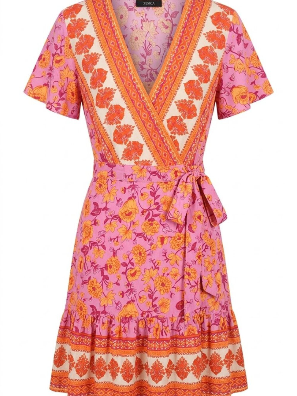 Zesica Floral Mini Wrap Dress V-Neck Short Sleeve Beach Boho Pink Orange L